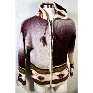 Vintage Hippie Boho Hooded Sweater Jacket Ombré Gradient Wool Cardigan Unisex M